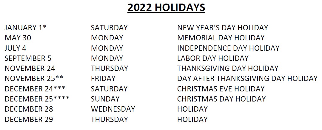 2022 holidays